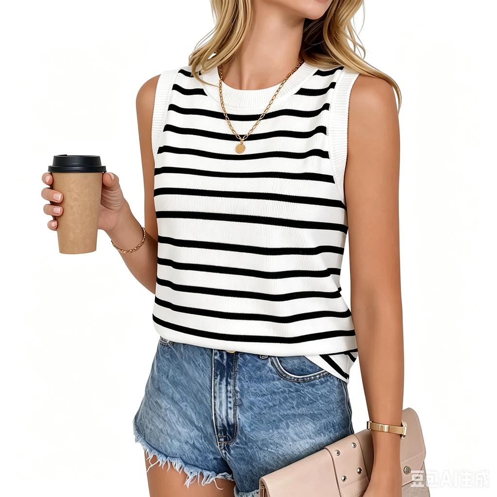 Women Casual Sleeveless Pullover Tank Top Crew Neck Striped Knit Vest Summer Lightweight Comfortable Blouse