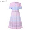 ZANZEA Women Summer Stand Collar Casual Short Sleeve Print Dress