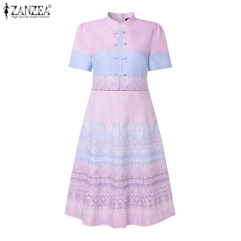ZANZEA Women Summer Stand Collar Casual Short Sleeve Print Dress
