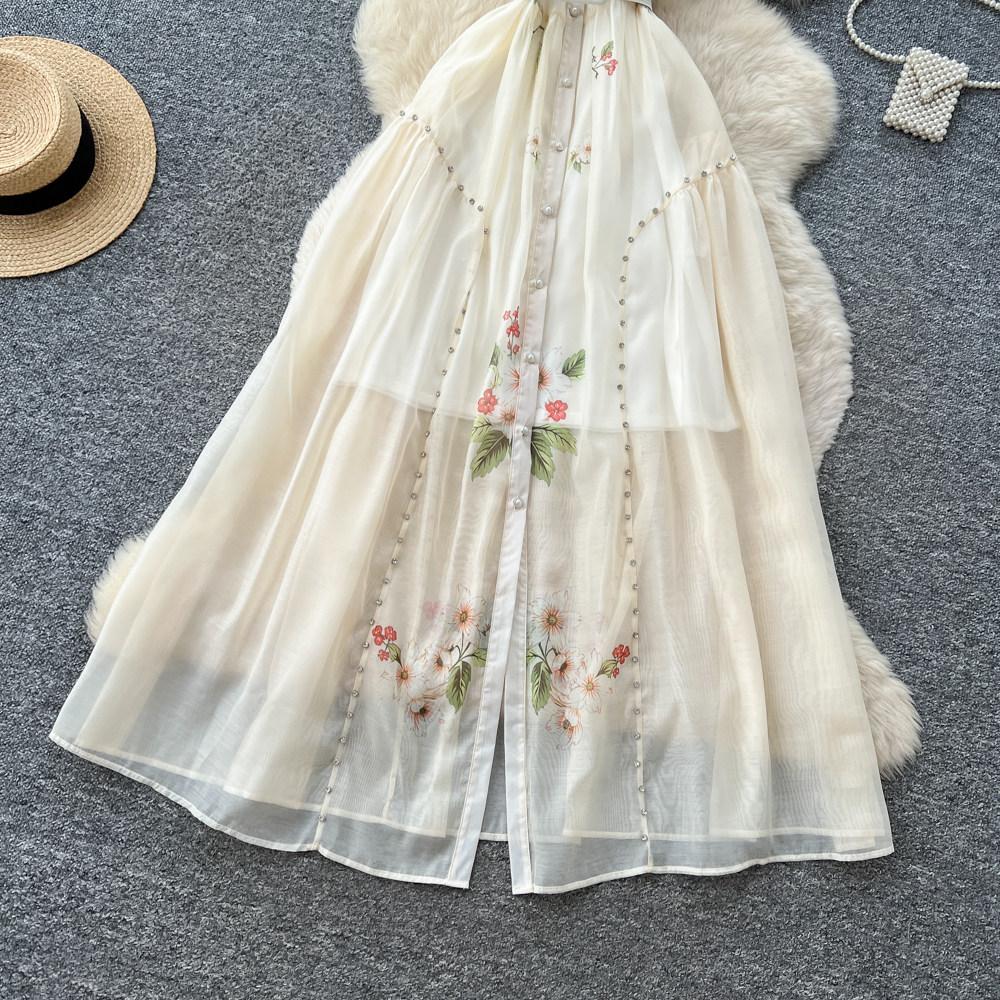 Elegant Short-Sleeve Floral Embroidered Dress for Women Vintage Turn Down Collar Belt Slim A-line Long Maxi Dress