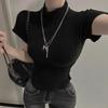 Women's Korean Dongdaemun Curved Hem High-Neck T-Shirt - Sexy, Figure-Flattering Short Sleeves