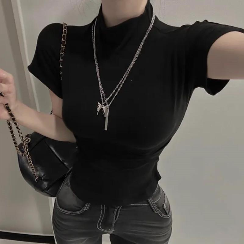 Women s Korean Dongdaemun Curved Hem High-Neck T-Shirt - Sexy, Figure-Flattering Short Sleeves One Size