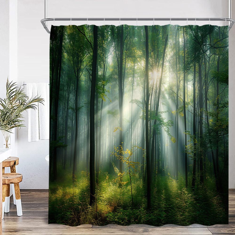 Natürliche Landschaft Wasserfall Wald Duschvorhang Landschaft Grüne Blätter Pflanzen Badezimmer Dekor Polyester Duschvorhang für Zuhause