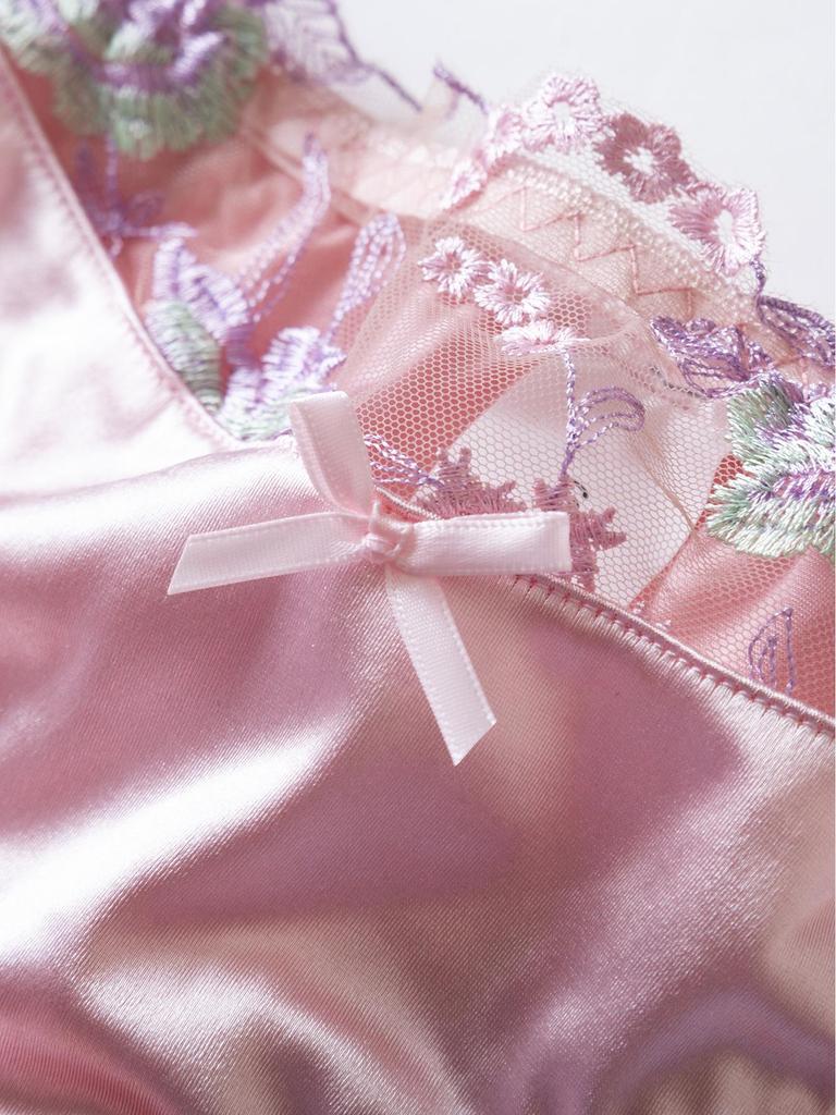 Pink Satin Embroidered Lingerie Set with Open Cup Bra, Garter, and Panty