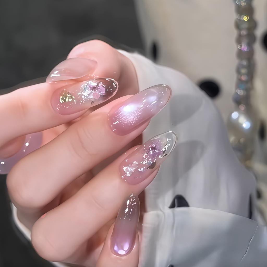 Ins Spring Cat's Eye Medium and Long Pure Handmade Wearing Nail Temperament Whitening Boutique Nail Art False Nail Patch