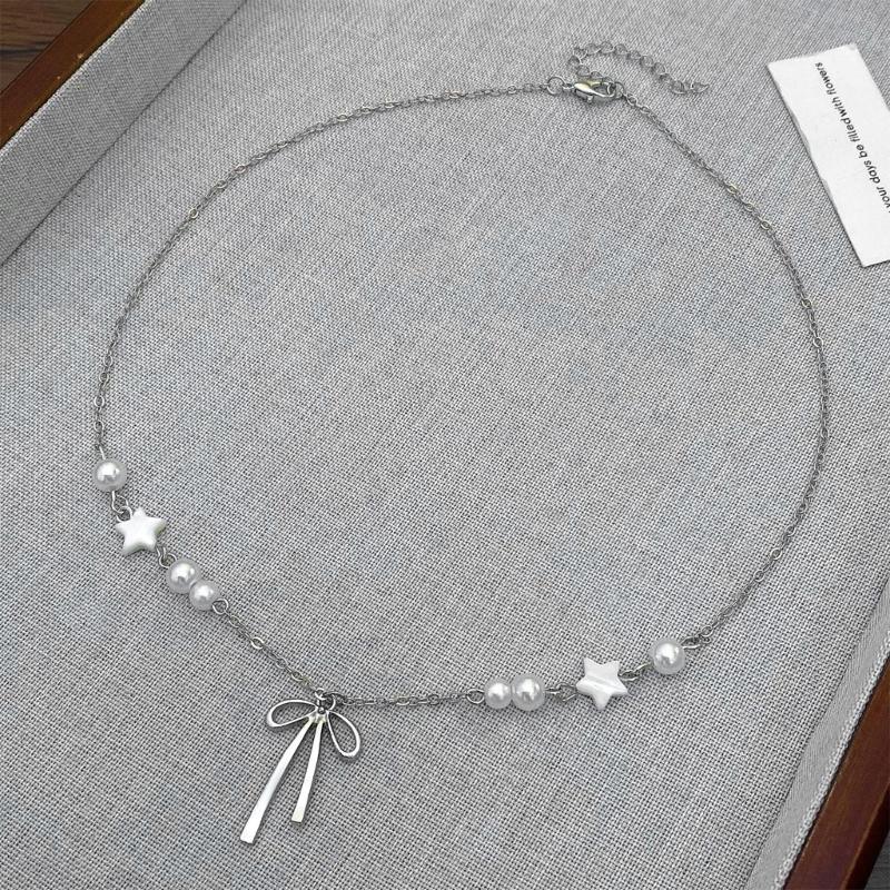 Delicato Collana con Ciondolo Fiocco e Perle a Stella Catena Elegante per la Clavicola Gioiello Ornamentale per il Collo da Donna per Feste