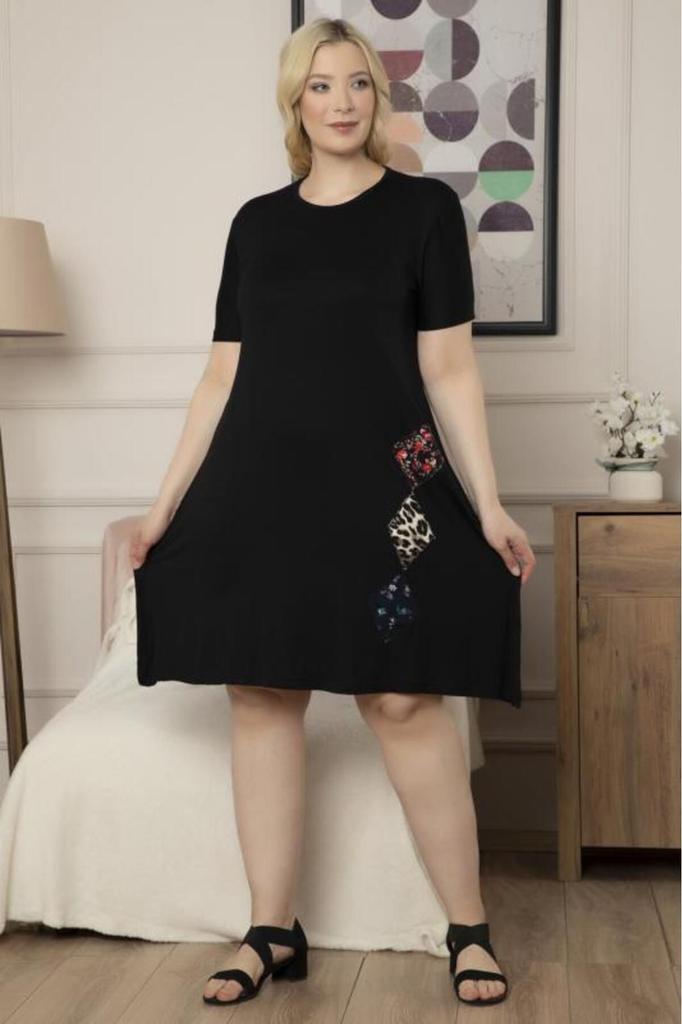 Rochie de damă mărime mare mărime plus Rochie midi neagră cu model peticit.