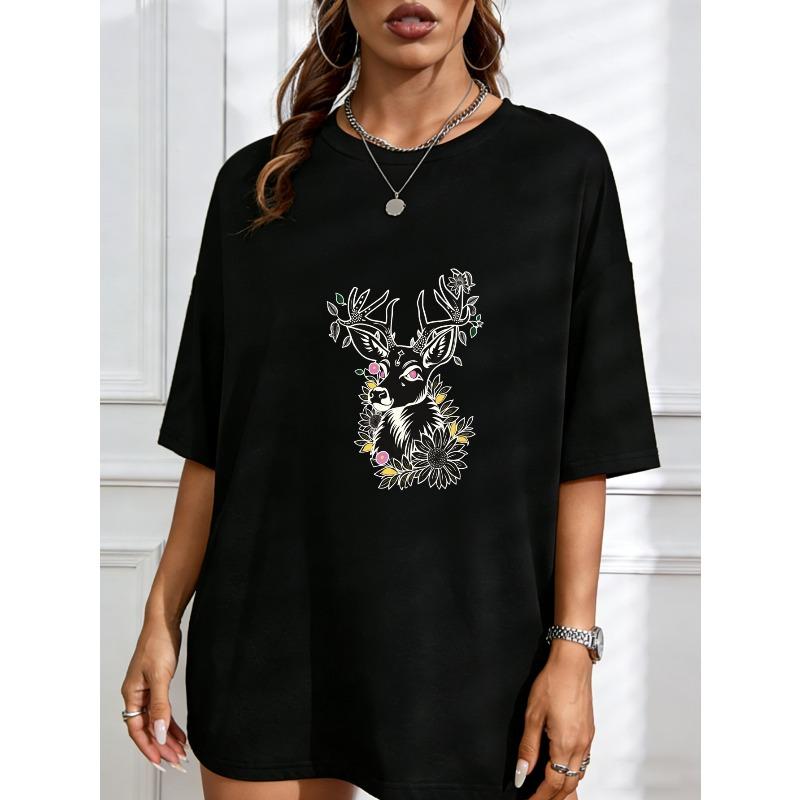 White T Shirt With Deer And Floral Print For Casual Wear