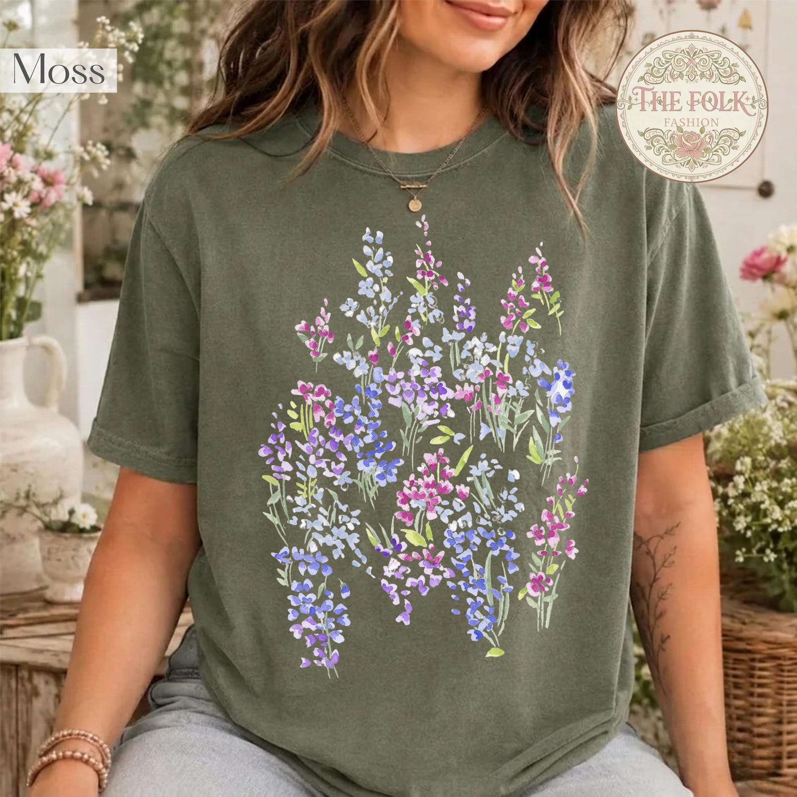 Lavender Wildflower Shirt, Cottagecore Botanical Tee, Vintage Floral Graphic T-shirt, Comfort Colors Moss Tee, Plant Mom Shirt, Lavender XL