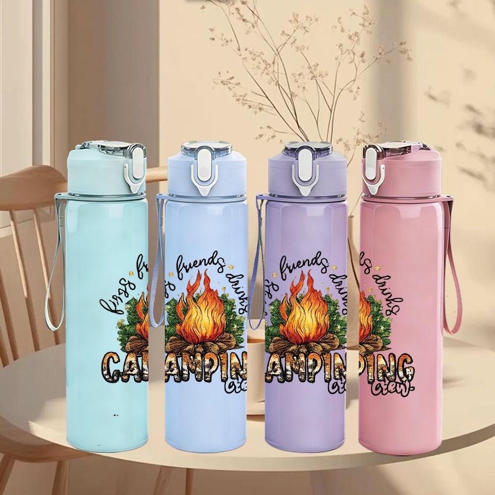 1PC Campfire Camping Scene Print 750ml Color Plastic Sports Water Bottle Leakproof Flip Straw Lid Suitable for Sports Office Home Use