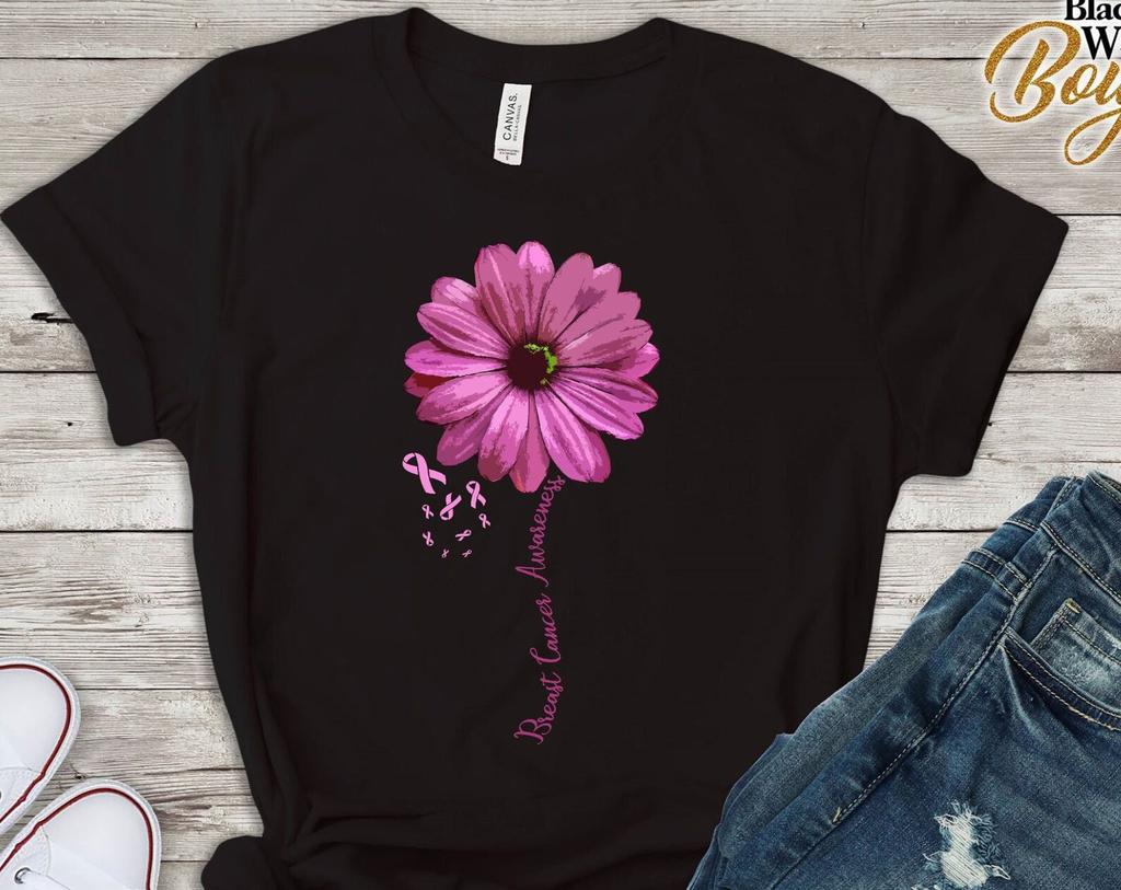 Breast Cancer Tshirt, Breast Cancer Gift, Cancer Awareness Family T-shirt, Pink Flower Survivor Pretty Gift, Cancer Warrior Pink Ribbon Tee