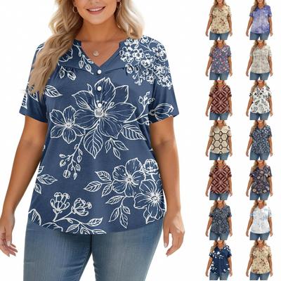 Haut imprimé oversize à manches courtes et col en V, coupe décontractée et tendance pour femme