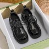 Women's 8cm Height-Increasing Leather Loafers - Chunky Heel, Lace-Up, Square Toe, Spring/Autumn Style