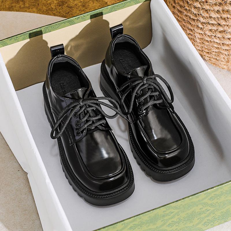 Women's 8cm Height-Increasing Leather Loafers - Chunky Heel, Lace-Up, Square Toe, Spring/Autumn Style