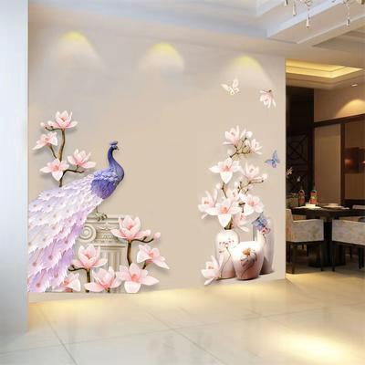 Adesivi murali pavone 3D in stile cinese Grandi bottiglie di fiori Vinile Soggiorno Corridoio Camera da letto Decorazioni per la casa Decorazione Poster