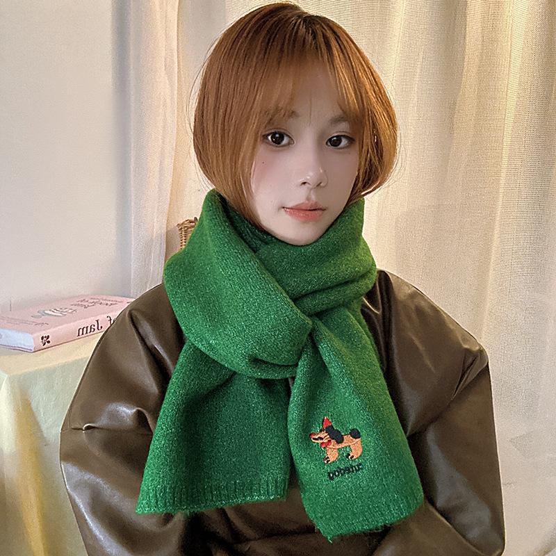 Falling Pool Knitwear: Women's Cute Puppy Embroidered Winter Scarf - Warm, Versatile Cartoon Neck Warmer