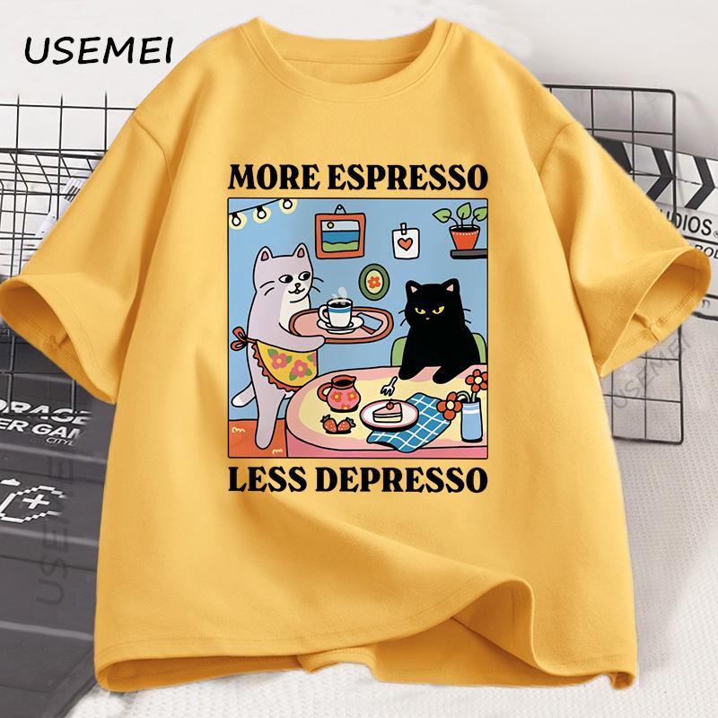Więcej Espresso Mniej Depresji Czarny Kot Koszulka Unisex Damska Zabawna Kawa Kot Koszulka Casual Letnia Bawełniana Krótki Rękaw Koszulka Top