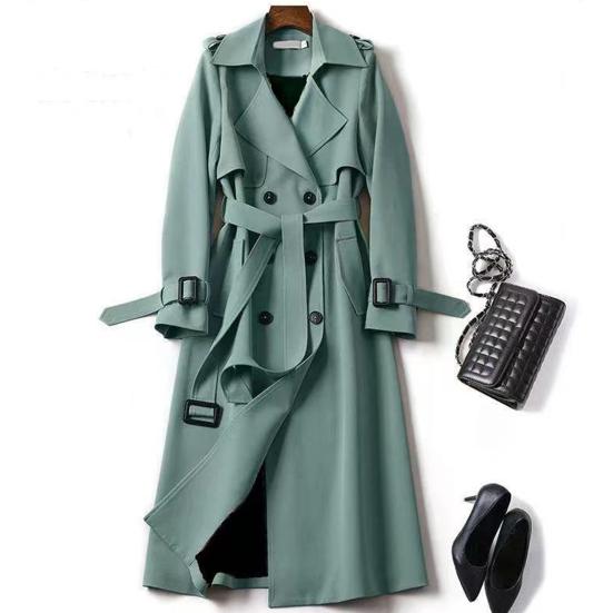 Fall Winter Women Trench Coat Turn-down Collar Solid Color Double-breasted with Belt Mid Length Loose Thermal Long Sleeved Commuting Dating