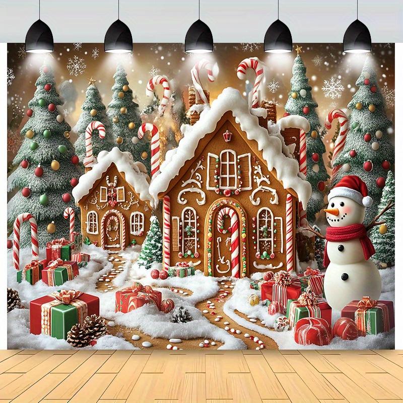 2D background cloth 1 piece, Christmas gingerbread house and snowman scene, gingerbread Christmas decorations 100x150cm