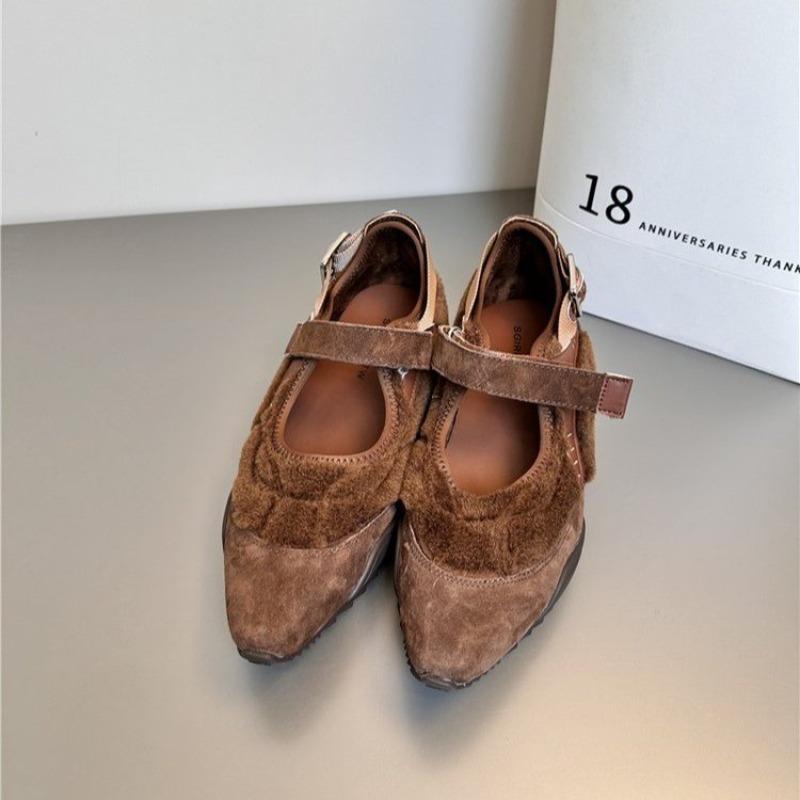 Women's Square Heel Shoes Winter New Pointed Head Shallow Mouth Suede Anti-slip Wear-resistant Low-top Shoes