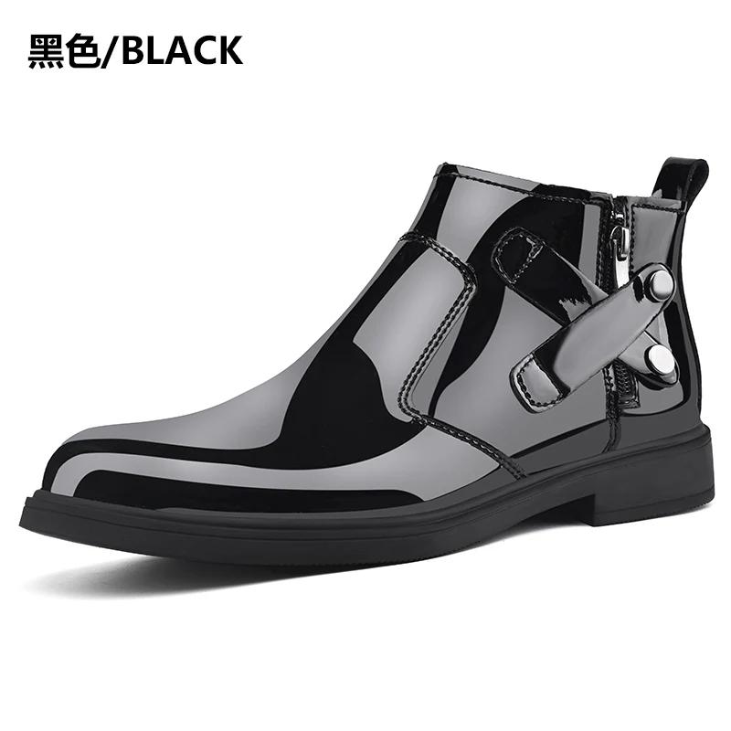 Fashion Winter Plush Ankle Boot Business Mirror Leather Chelsea Men's Boots Genuine Leather Wedding High Top Leather Shoes Cowboy Boots