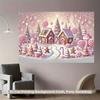 2D flat  one-person candy house Christmas background banner - pastel pink and white gingerbread house  candy sticks  lollipops