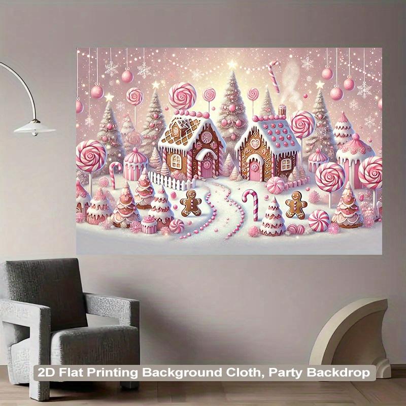 2D flat one-person candy house Christmas background banner - pastel pink and white gingerbread house candy sticks lollipops