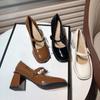 Fashion 2024 Spring Autumn Women Buckle  Shoes Leather Square Head Square Heel Solid Color Women's Shoes