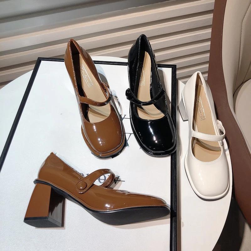 Fashion 2024 Spring Autumn Women Buckle  Shoes Leather Square Head Square Heel Solid Color Women's Shoes