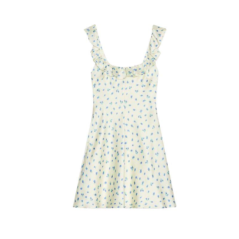 Summer New Product Women's Clothes Sweet Style Ruffles Silk Satin Texture Print round Neck Dress 2940067