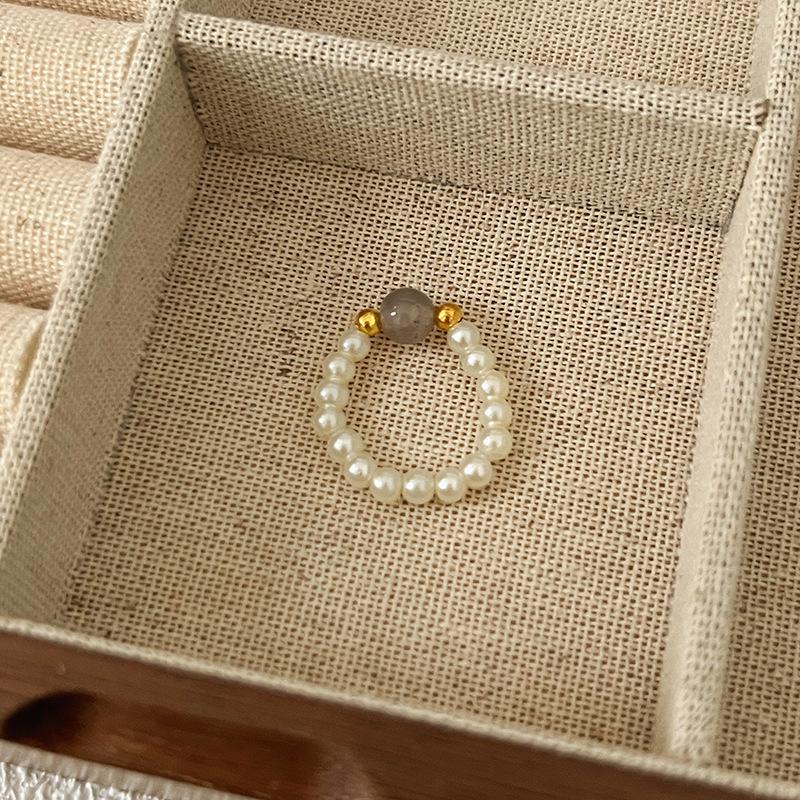 Pearl Beaded Ring Women's Elastic Rope Literary Stacking Index Finger Ring High-end Handmade Ring Jewelry