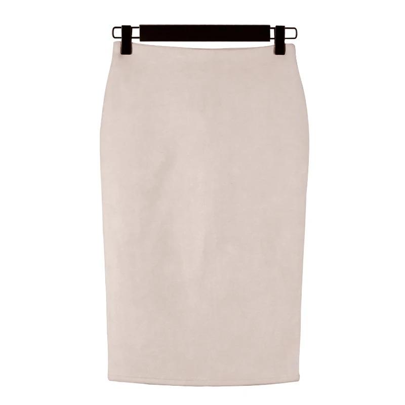 Autumn Winter High Waist Bodycon Vintage Suede Split Thick Stretchy Skirts Women Skirts Suede Solid Color Pencil Skirt