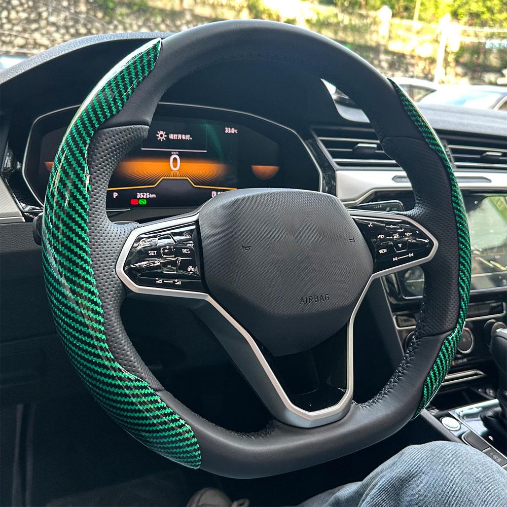 2 Stück Kohlefaser Auto Lenkradbezug Rutschfester Lenkradschutz Staubdicht Waschbar Innenraumzubehör Rund oder D