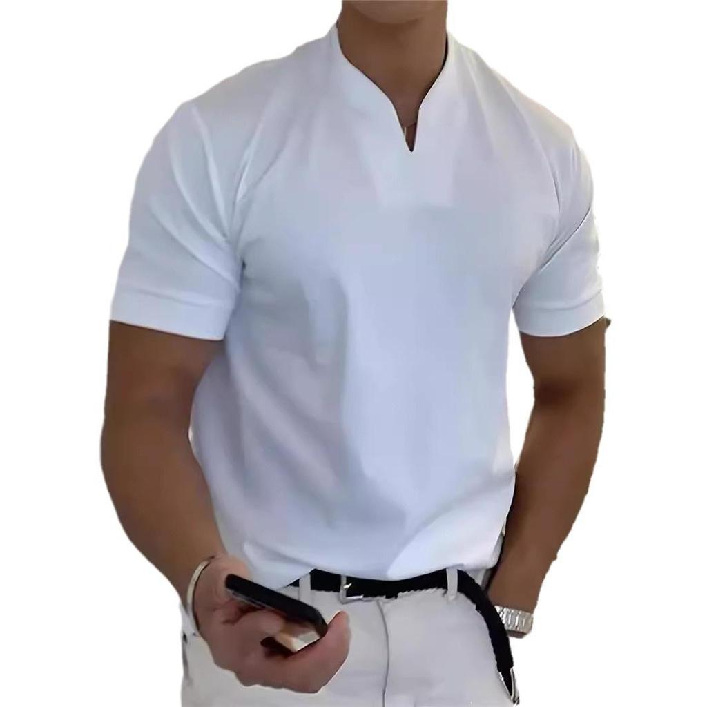 Men's 2023 Summer V-Neck Fitness T-Shirt - Elastic Cotton Short Sleeve