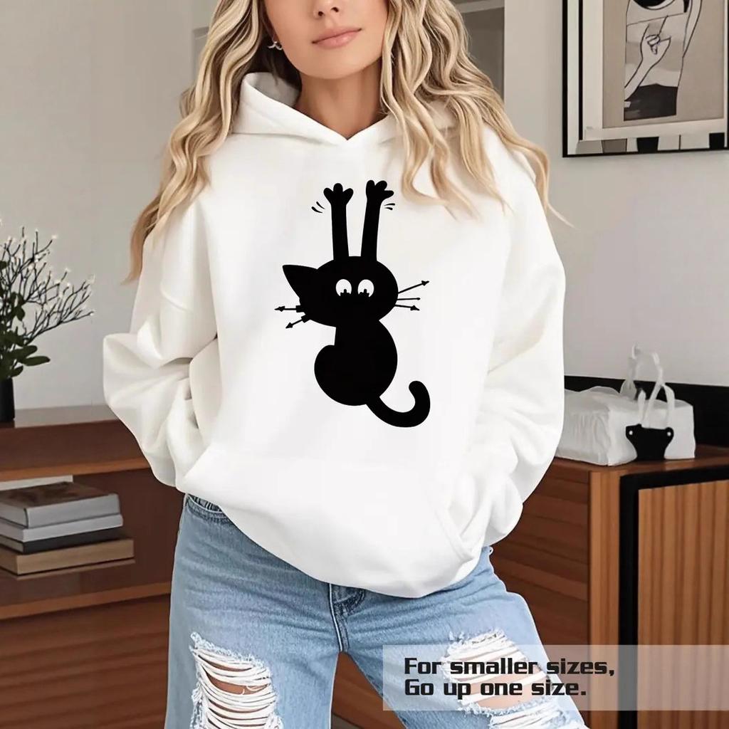 Ladies Spring Autumn Casual Hooded Long Sleeve Big Pocket Cat Printed Pullover Hoodies Sweatshirt Top
