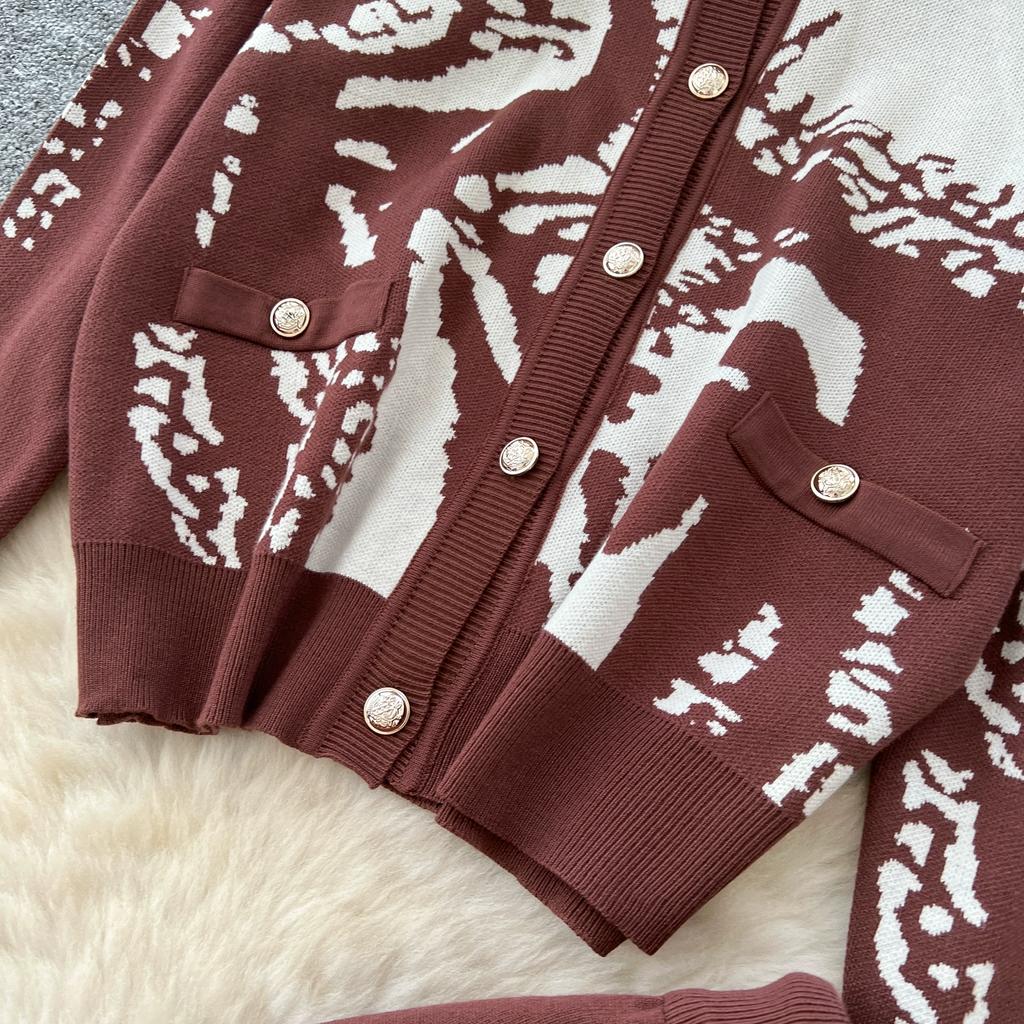 Autumn Winter Women Casual Print Knitted Sweater Trouser Two Piece Set Single Breasted Jacket Tops and Drawstring Pant Tracksuit