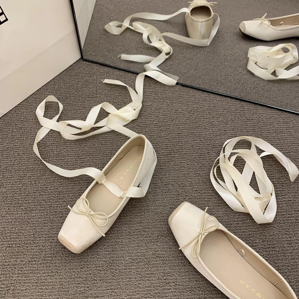 Lace Tie Leg Satin Ballet Flats Women Square Toe Bowknot Ballerinas Ladies Wedding Floral Shoes