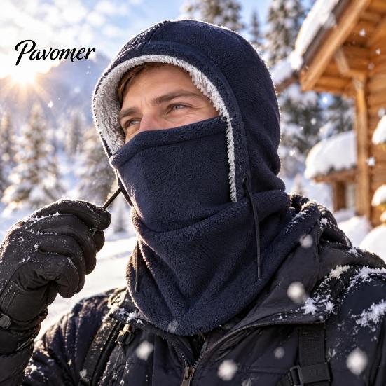 Adjustable Snowboard Hood with Drawstring Winter Balaclava Hat, Windproof Ski Mask Fleece Lined Face for Camping Cover, Cozy Neck Warmer Men