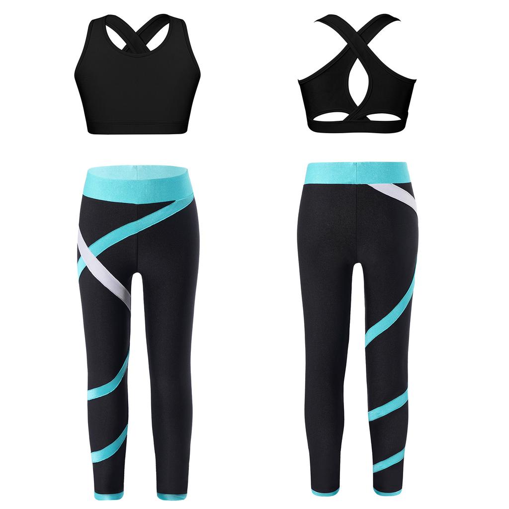 Dívčí Crop Top s U výstřihem, kříženými ramínky a klíčovou dírkou na zádech, bez rukávů, Color Block Legíny, Jógový Sportovní Set