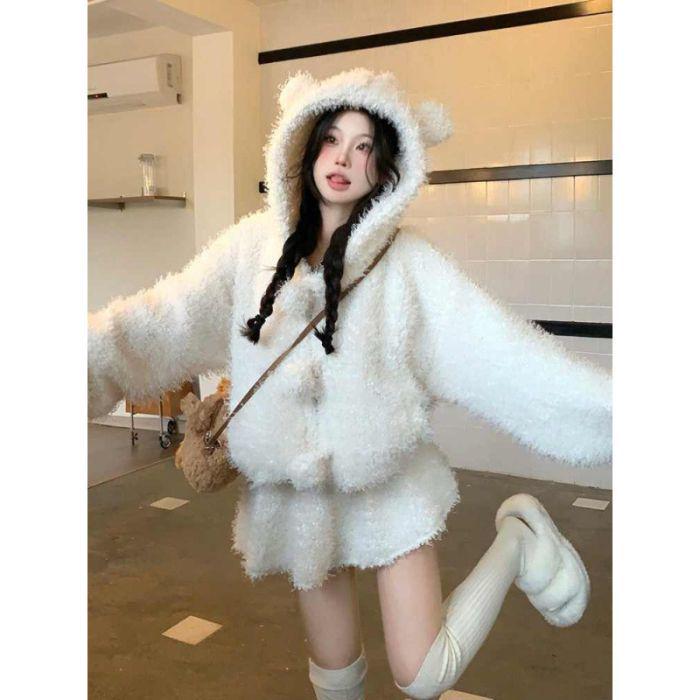 Caldo cappotto di peluche con cappuccio, orecchie da orso, latte, per bambina, invernale