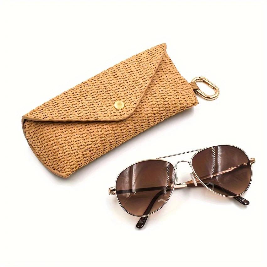 1pc Straw Mat Weaving Glasses Storage Bag Portable Buckle Hang Glasses Box Sunglasses Case Glasses Organizer