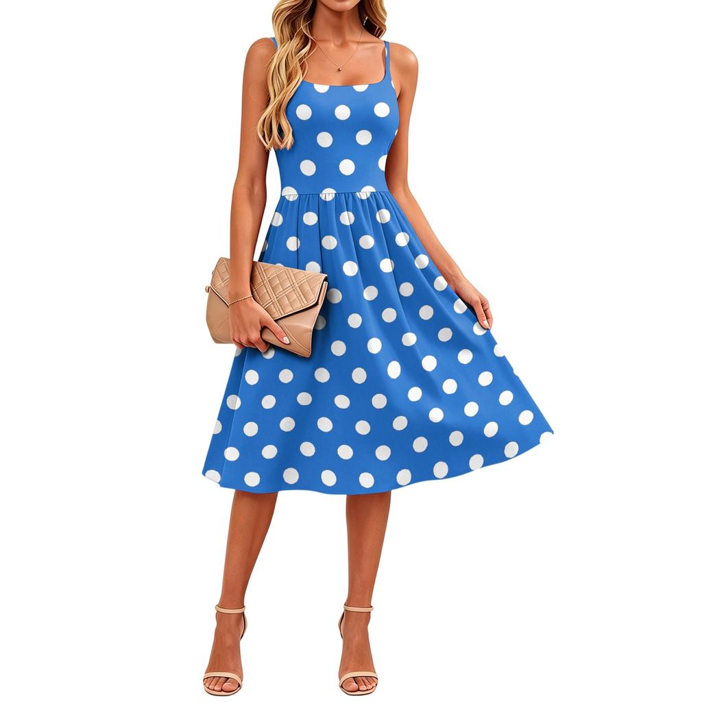 Sleeveless Adjustable Strap Dress with Pockets Polka Dot Print Casual Midi Dress for Women Summer Everyday Wear