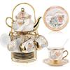 20 Pcs Porcelain Tea Set with Metal Holder and Spoon Adult Ceramic Tea Party Set European Flower Painting Teapot Cup Saucer