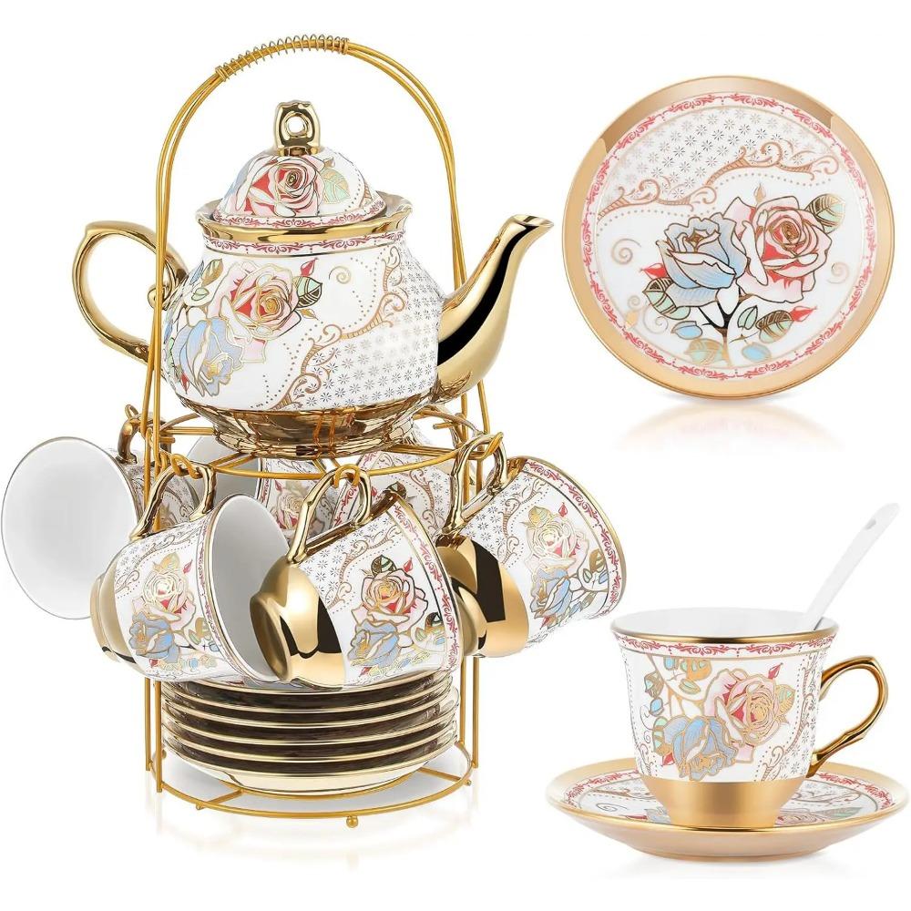 20 Pcs Porcelain Tea Set with Metal Holder and Spoon Adult Ceramic Tea Party Set European Flower Painting Teapot Cup Saucer