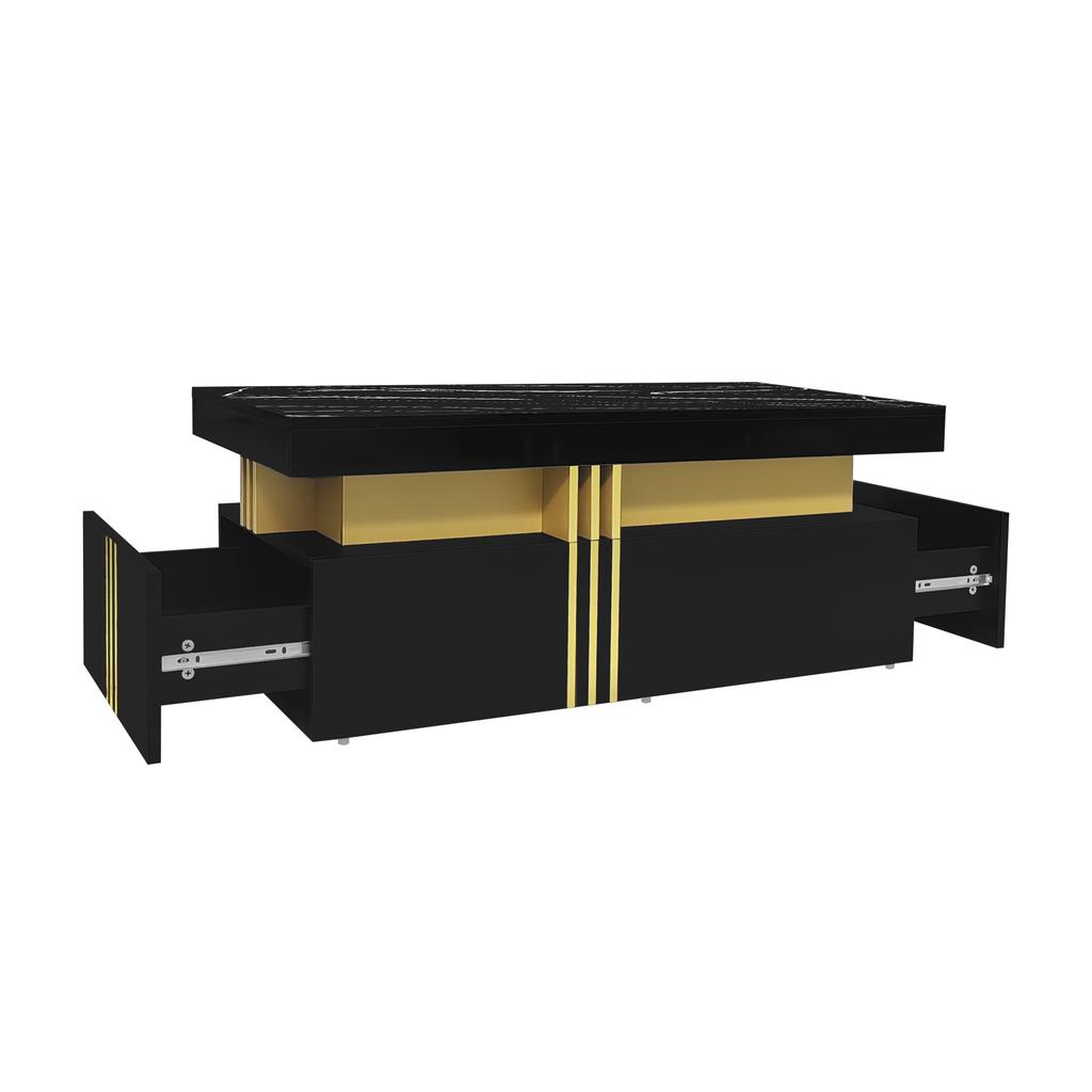Tavolino Rettangolare Moderno con Piano ad Alta Lucentezza con 2 Cassetti in Legno, Piano Marmo, per Soggiorno, 100*50*40 cm