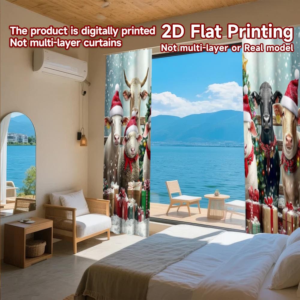 2pcs 2D Flat Printing Merry Christmas Popular Curtains Farm Animals Celebrate Christmas Polyester Without Electricity Festive