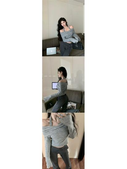 Women's Off-Shoulder Halter Neck Long-Sleeve Knitted Sweater – Slim Fit Short Style for Autumn & Winter