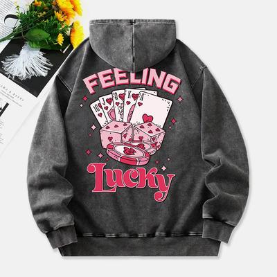 Bluzy z kapturem Feeling Lucky Washed Damskie Nadruk Poker Kości Bawełniane Pulowery Wygodna Kieszeń Oversize Bluza Ubrania