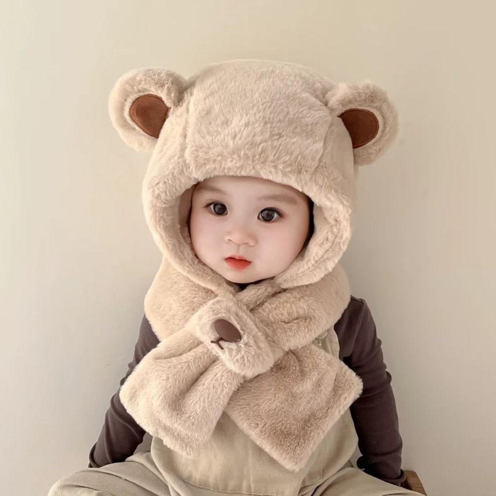 Fashion Design Children Fleece Hat Solid Color Plush Hat with Scarf Outdoor Bear Plush Hat  Boy