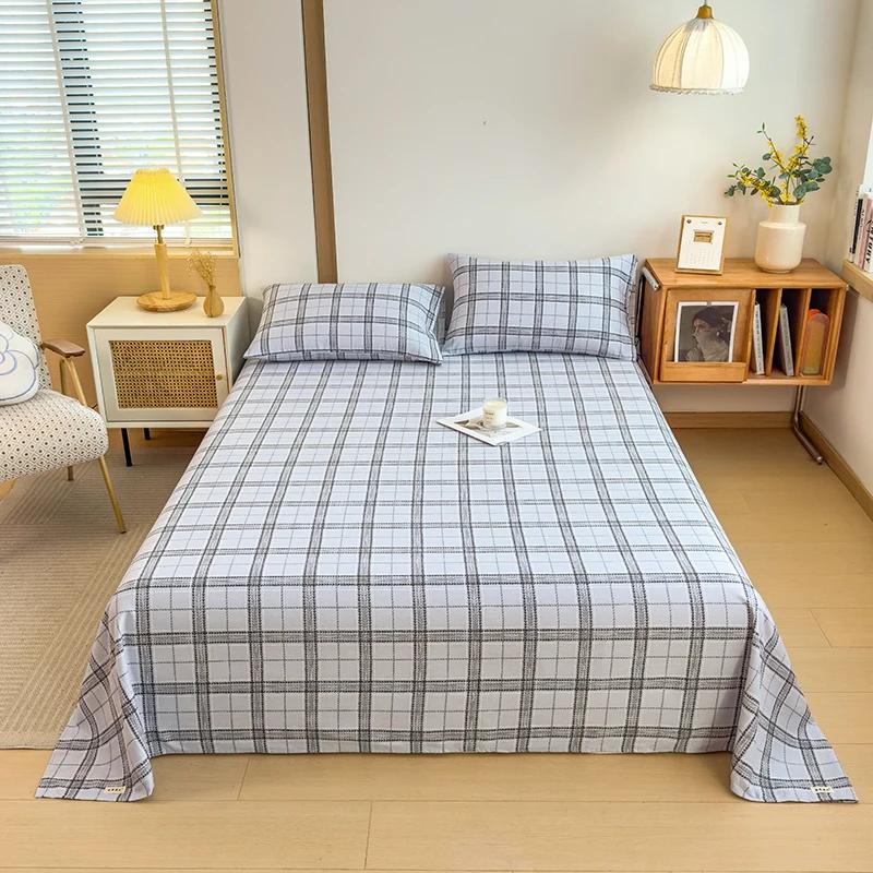 Geometric Plaid Pattern Bed Sheet Set Simple Grid Flat Sheet 100% Cotton Bedding Breathable Durable Sheets with 2 Pillowcases